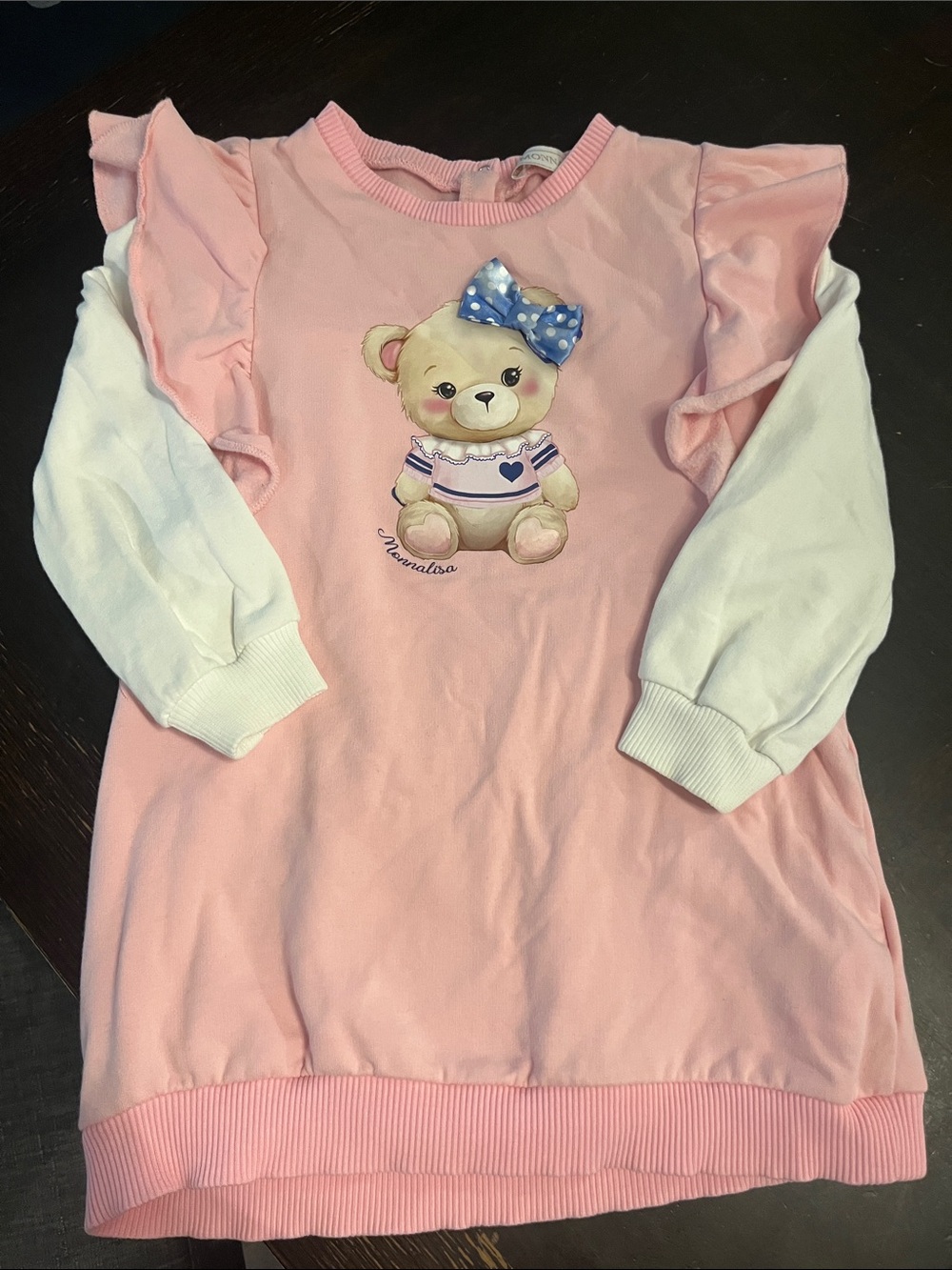 MonnaLisa Pink & White Teddy Bear Ruffle Sleeve Dress